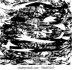 Print distress background in black and white texture with spots, scratches and lines. Abstract vector illustration