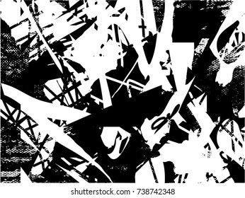 Print distress background in black and white texture with spots, scratches and lines. Abstract vector illustration