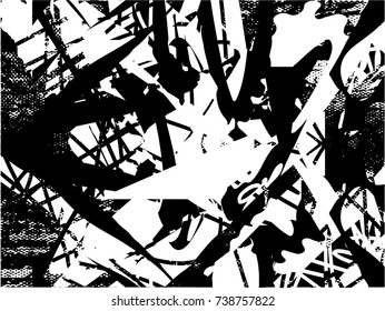 Print distress background in black and white texture with spots, scratches and lines. Abstract vector illustration
