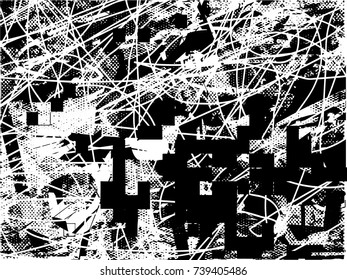 Print distress background in black and white mosaic texture with spots, scratches and lines. Abstract vector illustration
