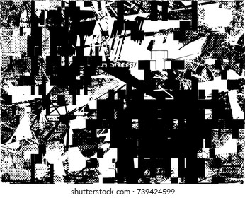 Print distress background in black and white mosaic texture with spots, squares, rectangles, scratches and lines. Abstract vector illustration 