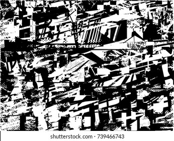 Print distress background in black and white texture with spots, scratches and lines. Abstract vector illustration