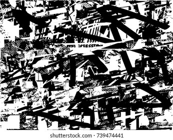 Print distress background in black and white texture with spots, scratches and lines. Abstract vector illustration