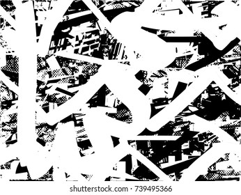 Print distress background in black and white texture with spots, scratches and lines. Abstract vector illustration