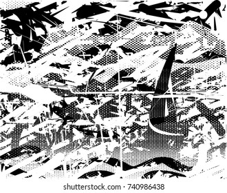 Print distress background in black and white texture with spots, scratches and lines. Abstract vector illustration