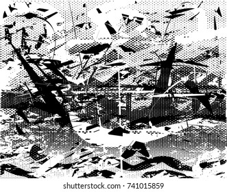 Print distress background in black and white texture with spots, scratches and lines. Abstract vector illustration