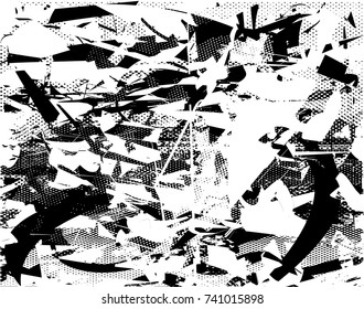 Print distress background in black and white texture with spots, scratches and lines. Abstract vector illustration