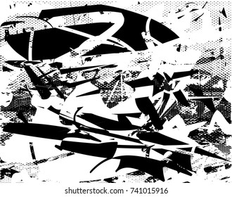 Print distress background in black and white texture with spots, scratches and lines. Abstract vector illustration