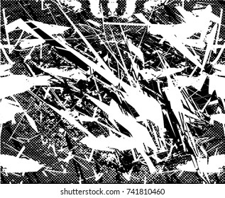 Print distress background in black and white texture with spots, scratches and lines. Abstract vector illustration