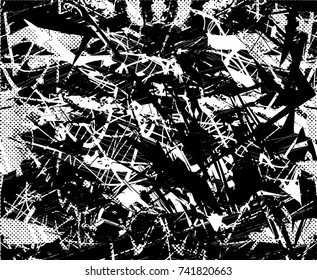 Print distress background in black and white texture with spots, scratches and lines. Abstract vector illustration