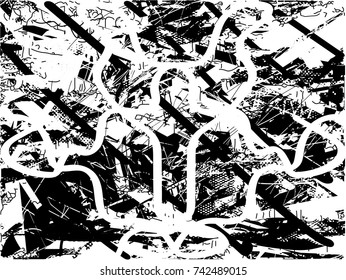 Print distress background in black and white texture with spots, scratches and lines. Abstract vector illustration