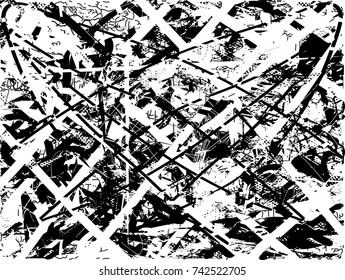 Print distress background in black and white texture with spots, scratches and lines. Abstract vector illustration