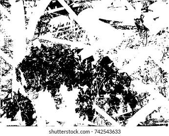 Print distress background in black and white texture with spots, scratches and lines. Abstract vector illustration