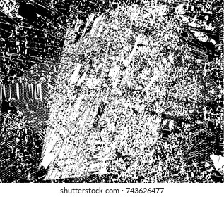 Print distress background in black and white texture with spots, scratches and lines. Abstract vector illustration