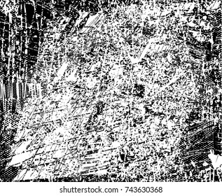 Print distress background in black and white texture with spots, scratches and lines. Abstract vector illustration