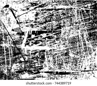Print distress background in black and white texture with spots, scratches and lines. Abstract vector illustration
