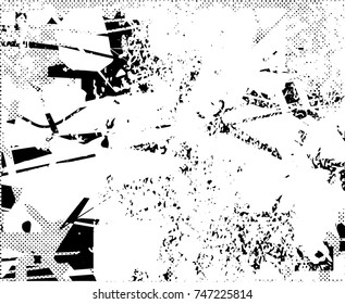 Print distress background in black and white texture with spots, scratches, spikes and lines. Abstract vector illustration