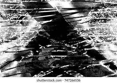 Print distress background in black and white texture with spots, scratches, spikes and lines. Abstract vector illustration
