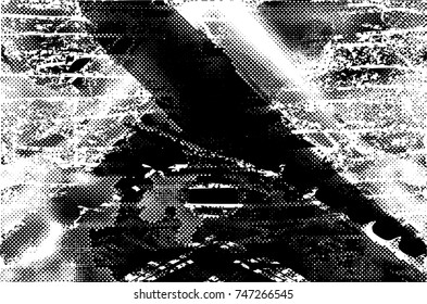 Print distress background in black and white texture with spots, scratches, spikes and lines. Abstract vector illustration