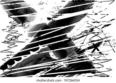 Print distress background in black and white texture with spots, scratches, spikes and lines. Abstract vector illustration