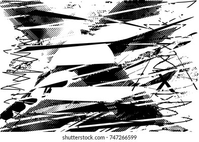Print distress background in black and white texture with spots, scratches, spikes and lines. Abstract vector illustration