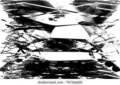 Print distress background in black and white texture with spots, scratches, spikes and lines. Abstract vector illustration