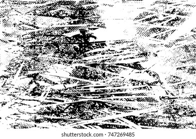 Print distress background in black and white texture with spots, scratches and lines. Abstract vector illustration