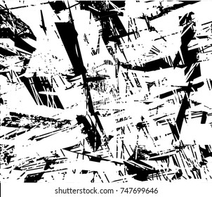 Print distress background in black and white texture with spots, scratches and lines. Abstract vector illustration