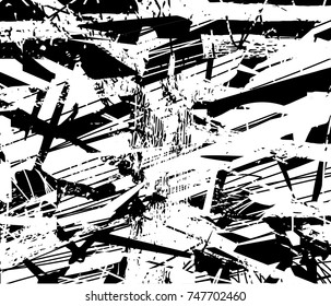 Print distress background in black and white texture with spots, scratches and lines. Abstract vector illustration