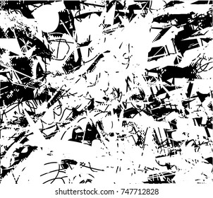 Print distress background in black and white texture with spots, scratches and lines. Abstract vector illustration