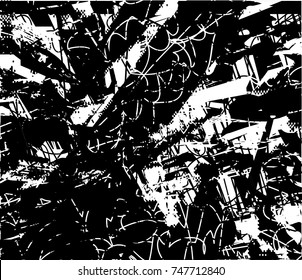 Print distress background in black and white texture with spots, scratches and lines. Abstract vector illustration