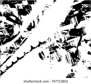 Print distress background in black and white texture with spots, scratches and lines. Abstract vector illustration