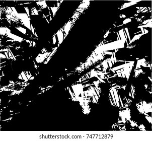 Print distress background in black and white texture with spots, scratches and lines. Abstract vector illustration