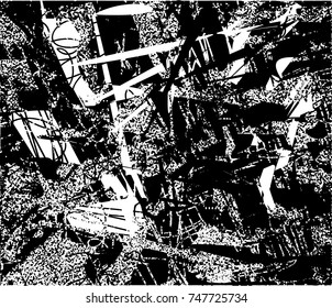 Print distress background in black and white texture with spots, scratches and lines. Abstract vector illustration