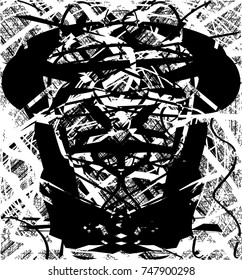 Print distress background in black and white texture with spots, scratches and lines. Abstract vector illustration