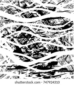 Print distress background in black and white texture with spots, scratches and lines. Abstract vector illustration