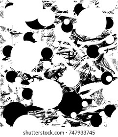 Print distress background in black and white texture with spots, circles, scratches and lines. Abstract vector illustration