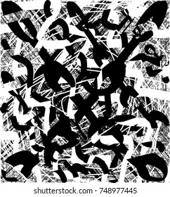 Print distress background in black and white texture with spots, scratches and lines. Abstract vector illustration