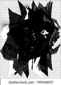 Print distress background in black and white texture with spots, scratches and lines. Abstract vector illustration