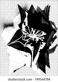 Print distress background in black and white texture with cacti flower, spots, scratches and lines. Vector illustration