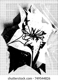 Print distress background in black and white texture with cacti flower, spots, scratches and lines. Vector illustration