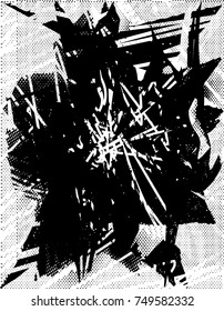 Print distress background in black and white texture with spots, scratches and lines. Abstract vector illustration