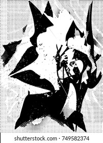 Print distress background in black and white texture with spots, scratches and lines. Abstract vector illustration