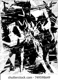 Print distress background in black and white texture with spots, scratches and lines. Vector illustration