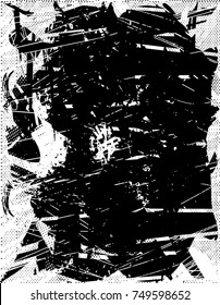 Print distress background in black and white texture with spots, scratches and lines. Vector illustration