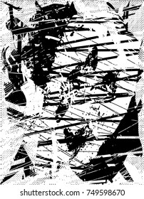 Print distress background in black and white texture with spots, scratches and lines. Vector illustration