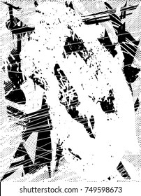 Print distress background in black and white texture with spots, scratches and lines. Vector illustration