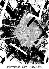 Print distress background in black and white texture with spots, scratches and lines. Vector illustration