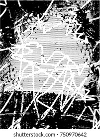 Print distress background in black and white texture with spots, scratches and lines. Vector illustration