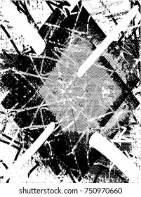 Print distress background in black and white texture with spots, scratches and lines. Vector illustration